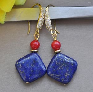 Pendientes colgantes Z10224 16 mm Natural Square Blue Lapis Lazuli Red Coral Earring CZ