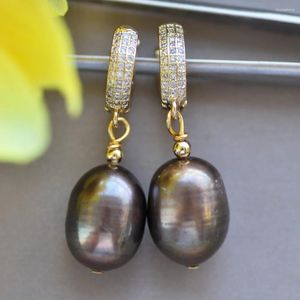 Boucles d'oreilles pendantes Z10653, 16mm, perles d'eau douce de riz marron-noir, plaqué or, CZ