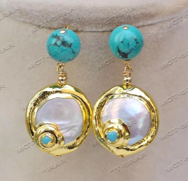 Boucles d'oreilles en peluche z11612 20 mm Coin White Pearl Turquoise Gold Ored Earge