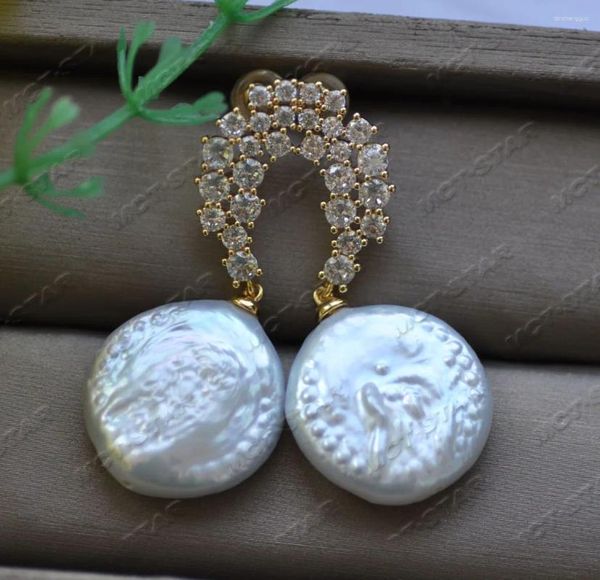Boucles d'oreilles pendantes Z11980, pièce de monnaie blanche de 20mm, perle FW plaquée or, boucle d'oreille CZ