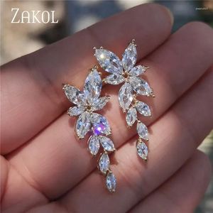 Dangle Oorbellen ZAKOL Mode Blad Zirkoon Voor Vrouwen Witte Marquise Kristal Bruidsoorbel Bruiloft Sieraden