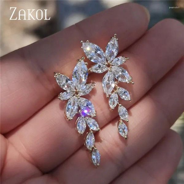 Boucles d'oreilles pendantes ZAKOL mode feuille Zircon pour femmes blanc Marquise cristal boucle d'oreille de mariée bijoux de fête de mariage