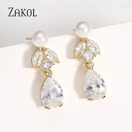 Boucles d'oreilles pendantes ZAKOL tendance goutte d'eau Zircon femmes élégantes blanc Imitation perles boucle d'oreille de mariée bijoux de fiançailles de mariage