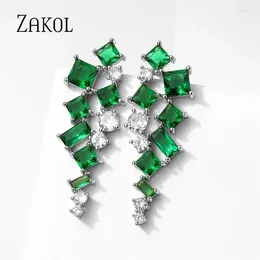 Boucles d'oreilles pendantes ZAKOL Vintage vert carré symétrie goutte pour femmes mode cubique Zircon feuille forme boucle d'oreille bijoux de mariage de mariée
