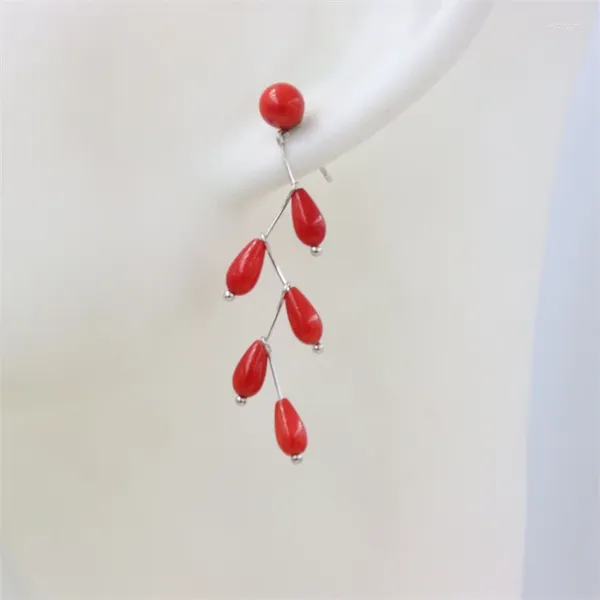 Boucles d'oreilles pendantes ZFSILVER mode rouge Nature mer bambou corail Stud 925 en argent Sterling pour les femmes charme feuille bijoux fille fête