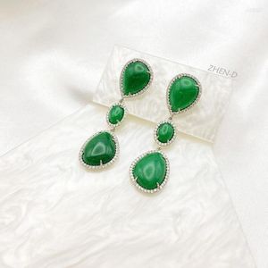 Boucles d'oreilles pendantes ZHEN-D bijoux naturel vert violet jades zircon cubique CZ pavé gouttes d'eau forme élégante grâce cadeau pour fille femmes