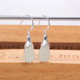 Bengelen oorbellen zhjiashun 925 sterling zilveren nefriet druppel voor vrouwen bloem natuurlijke edelsteen witte jade fijne sieraden