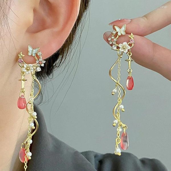 Boucles d'oreilles pendantes en Zircon pour femmes, pompon papillon avec fleur asymétrique de luxe légère à la mode