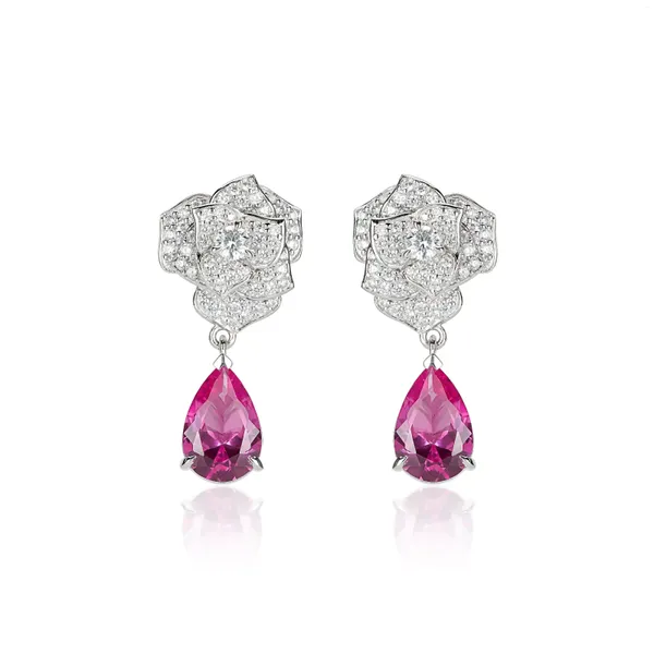 Pendientes colgantes ZOCA Mujeres elegantes Joyería de plata de ley 925 Gran rosa geométrica Flor roja Gota de circón cúbico para damas Fiesta de graduación