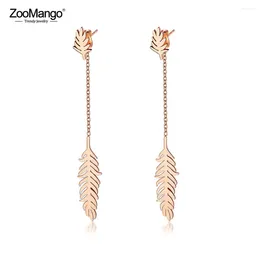 Boucles d'oreilles en peluche Zoomango Fashion en acier inoxydable Bijoux de plumes pour femmes en or rose feuille de couleur longue ze17124