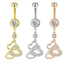 Dange hart body piercing sieraden threr harten hanger navel ringen zirkon navel barbell met bloemen5169364