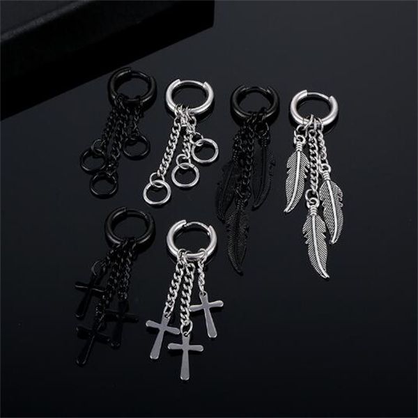 Balancent Punk En Acier Inoxydable Croix Boucles D'oreilles Gothique Hip Hop Plume Piercing Boucle D'oreille Hommes Femmes Fête Halloween Bijoux Cadeaux GC2001