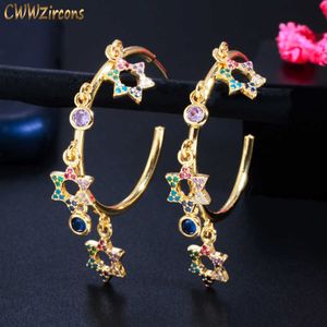 Boucles d'oreilles pendantes colorées en zircone cubique arc-en-ciel à Six branches étoile élégante couleur or boucles d'oreilles rondes pour femmes CZ845 210714