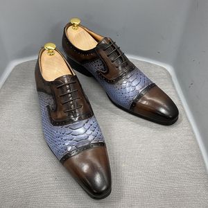 Daniel Wafer Real Cow Leather Men's Dress Shoes Handmade Lace Up Oxford Snake Print Pointed Cap Toe Party Formele schoenen voor M