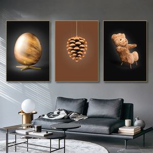 Danish Design Style Toy Bear Canvas Print Paint Peste en bois Statue d'art mural esthétique pour le décor de salon moderne