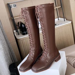 Danxuefei 34-42 Taille 85 Véritable plus bottes plus à lacets en cuir pour femmes Zip Flats Automne Knee High Knight Chaussures pour femmes en vente 54