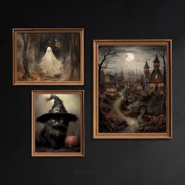 Dark Academia Art Witch's Black Cat Poster Prints For Gallery Home Decor Gothic Crow Haunted House Canvas Painting Wall Art