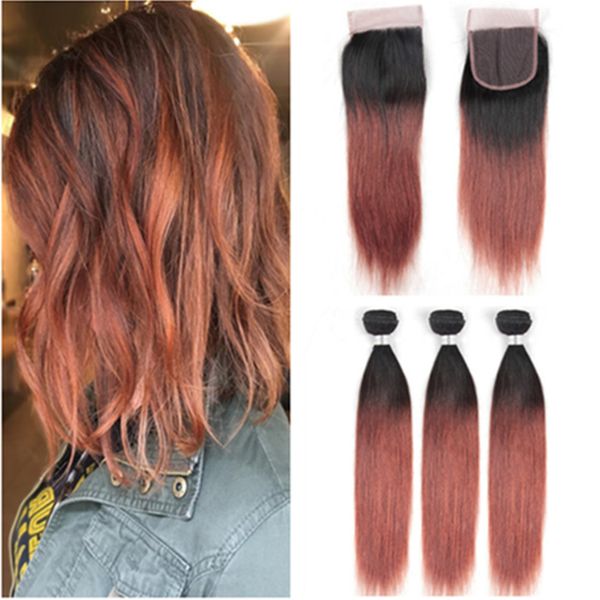 Dark Auburn Ombre Cabello humano brasileño 3 paquetes con cierre Recto # 1B / 33 Cobre rojo Ombre 4x4 Pieza de cierre de encaje con paquetes de tejido