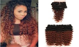 Dark Auburn Ombre Paquetes de tejido de cabello humano peruano de onda profunda con cierre 1B33 Cierre de encaje de cabello humano rojo cobre 4x4 con Bund7025918