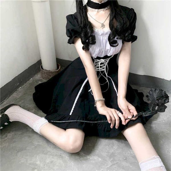 Vestido de cintura de manga de soplo negro oscuro Mujeres Japón Chica suave Linda Falda de lolita Gótico Oscuro Kawaii Corbata blanca 210526