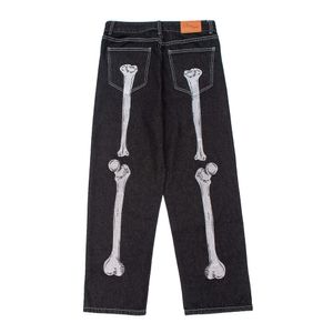 Donker zwart skelet geborduurde jeans voor heren ins high street modemerk losse wide been broek trendy casual rechte been broek