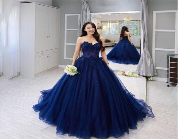 Robe de bal bleu foncé robe de bal sans bretelles en dentelle appliques perles à lacets robe de graduation en tulle 8e année robes de soirée formelles7514464