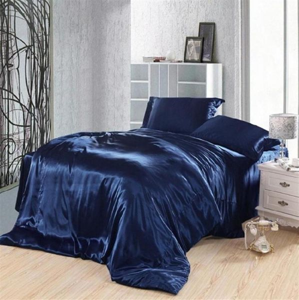 Juego de ropa de cama azul oscuro satad satén súper rey size queen sábanas de cama con doble colchoneta edredón edredón de colchas doona sábana 5pcs251444018