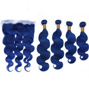 El cabello humano brasileño de la onda del cuerpo azul oscuro teje y el frente 5 Unids / lote Tramas de cabello virgen ondulado azul puro 4 paquetes con frontal de encaje 13x4