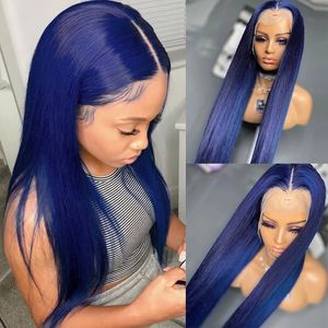 Perruque Lace Front Wig synthétique de couleur bleu foncé, perruques lisses et longues de densité 180%, pre-plucked pour femmes noires/blanches, fête de Cosplay quotidienne