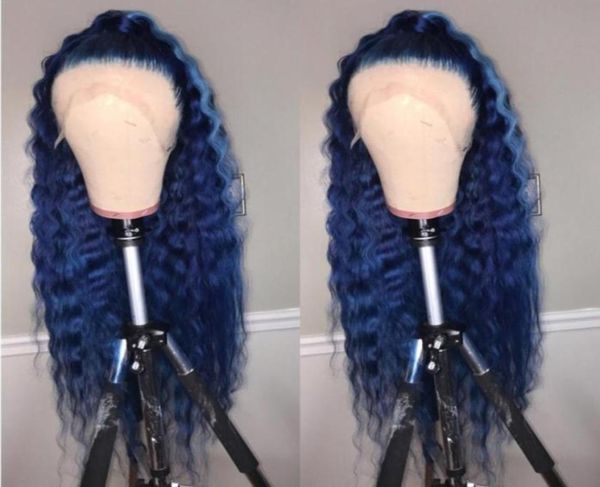 Perruque de vague d'eau de couleur bleu foncé avec les cheveux pour bébé à haute température, perruques avant en dentelle synthétique pour femmes noires Cosplay98067136701952
