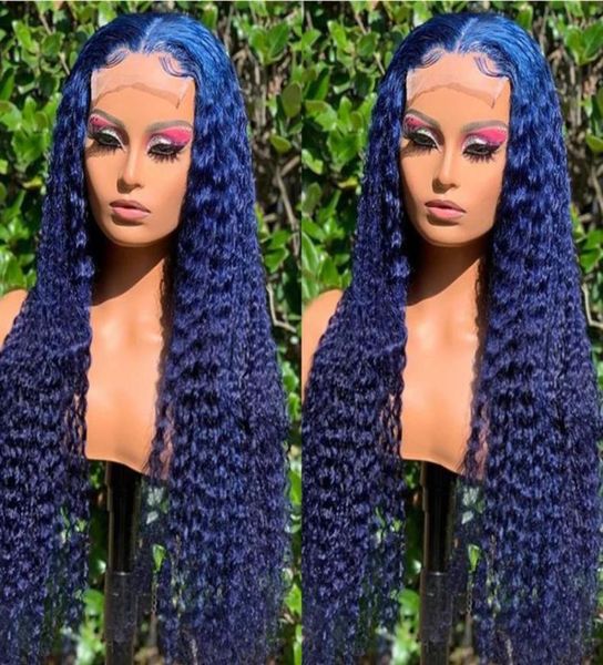 Pelucas de cabello humano brasileño con frente de encaje rizado azul oscuro para mujer peluca Frontal sintética con BabyHair Cosplay Party284B56282465706918