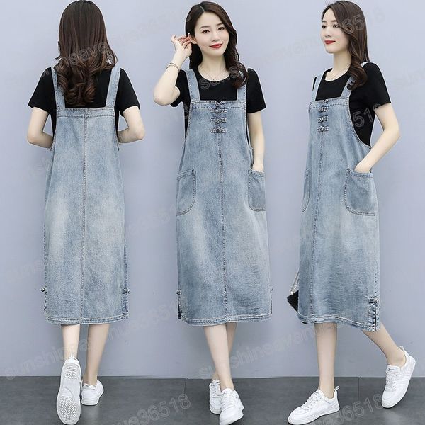 Bleu foncé Denim salopette robes printemps été femmes coréen lâche sans manches bretelles robe Y2k mode grande poche robe mi-longue