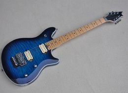 Donkerblauwe elektrische gitaar met humbuckers pickups, Floyd Rose, gewatteerde esdoorn fineer