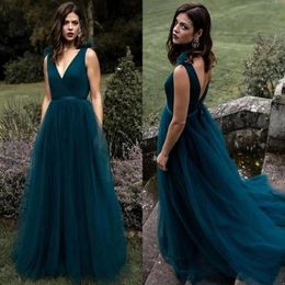 Vestidos de noite azuis escuros modernos decote em V sexy sem costas jardim de verão dama de honra vestido de dama de honra vestidos de ocasião de festa Plu2742