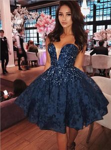 Donkerblauw mode homecoming jurken lieverd kralen kant applicaties vrouwen formele avondjurken knielengte 2019 eenvoudige goedkope prom dresses