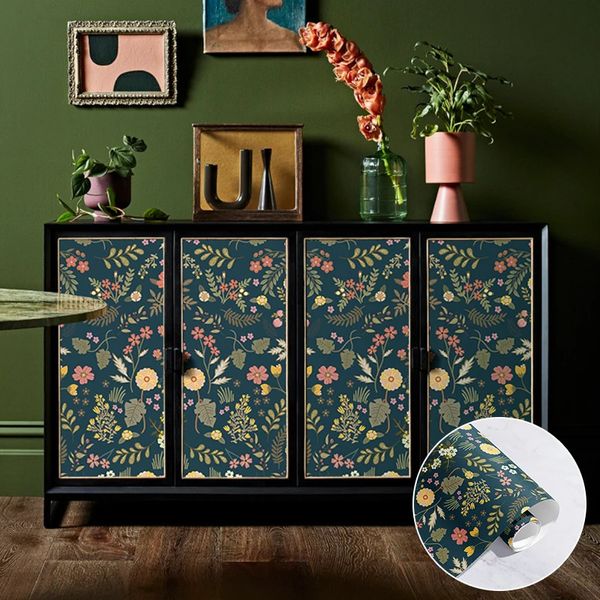 Papel tapiz de cáscara y palo de flor azul oscuro, vinilo extraíble Floral Retro, decoración de pared de salón impermeable Vintage 231220