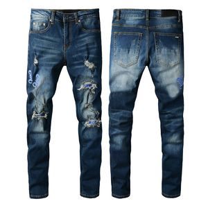 Donkerblauwe jeans mannen patch slank fit 11 hoogwaardige biker denim broek hiphop broek maat 28-40