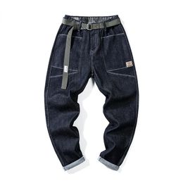 Donkerblauwe jeans heren stretch losse pasvorm wijde pijpen lente zomer casual harembroek elastische taille streetwear patchwork inclusief riem 240113