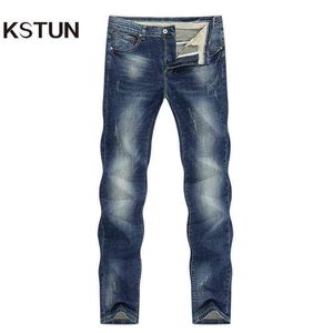 Donkerblauwe jeans mannen stretch slanke rechte normale fit lente casual broek denim broeken mannenkleding man jeans mode merk G0104