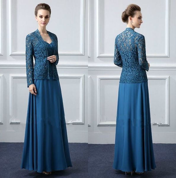 Bleu foncé dentelle mère des robes de marié avec veste longueur de plancher modeste mariage robes d'invité en mousseline de soie grande taille tenue de soirée