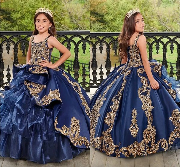 Vestidos de desfile para niña de color azul oscuro con apliques de encaje dorado y volantes escalonados, vestido de fiesta de princesa para boda, cumpleaños, vestido de fiesta formal para niños