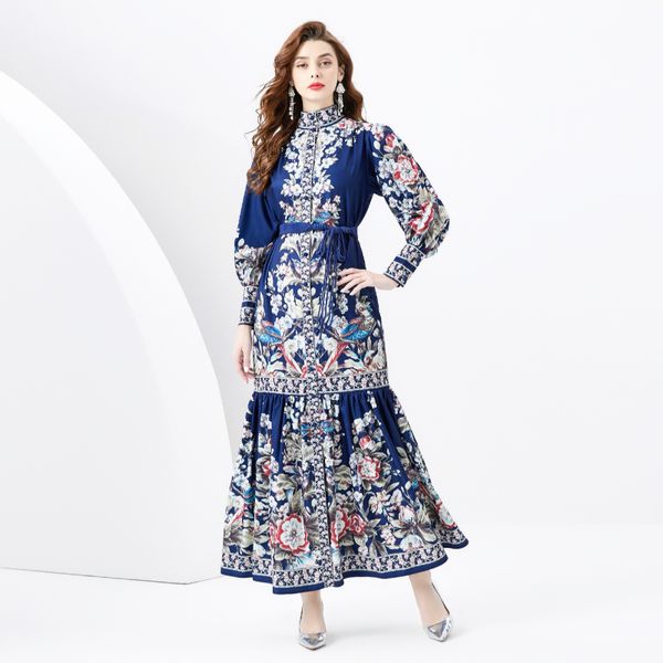 Bleu foncé longue Maxi rétro imprimé robe femmes boutons Cardigan robes de chambre avec manches décontracté élégant dames ceintures a-ligne Cocktail robes de soirée col montant