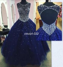 Robe quinceanera bleu foncé 2020 Plus taille Backless Crysatl Boule de bal perle Tulle Debutante Gowns Vestido 15 Anos5259560