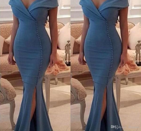 Bleu foncé Mermiad longues robes De bal Sexy col en v avec bouton haut fendu robes De soirée formelles pas cher nouvelle Robe De soirée