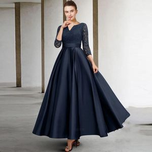 Vestido azul oscuro para madre de la novia, Top de encaje con cuello en V, mangas 3/4, corte en A, hasta el tobillo, vestidos de invitados de boda de satén para mujer 2024