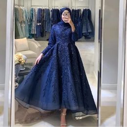 Robes de bal musulmane bleu foncé Robes de soirée à paillettes perlées avec manches longues en décolleté longue longueur de cheville Dubaï Ocn spécial usure 415