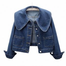 Bleu foncé Peter Pan Col Big Pocket Denim Jacket Manteau Femmes Automne Coréen Lâche Court Cowboy Vêtements d'extérieur Jeans Vestes Femme k1Yx #