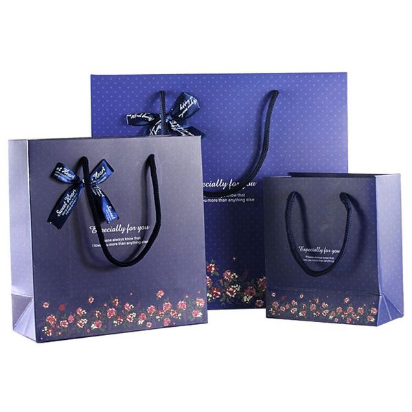 Sacs d'emballage cadeau en papier imprimé bleu foncé avec poignées Bowknot pas sac de gifles de vacances pour les cadeaux de mariage de baby shower de la mère et des pères