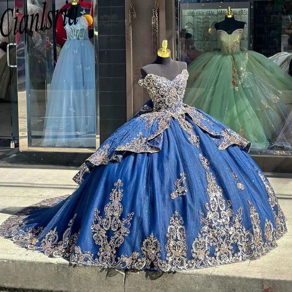 Blue bleu foncé des robes de quinceanera de robe de boule épaule avec vestidos corset en dentelle en dentelle de 15 anos