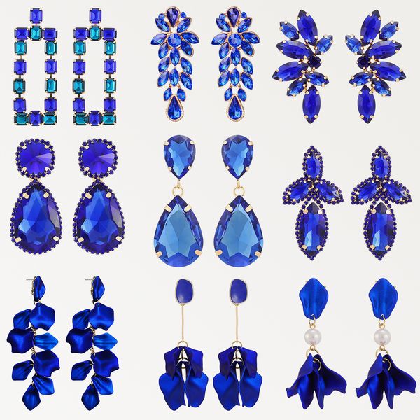 Bleu foncé série longues boucles d'oreilles pendantes pour femmes 2022 tendance luxe fleur géométrique acrylique cristal Vintage breloque bijoux